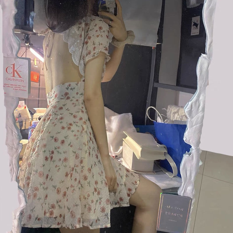 Summer Elegant Floral Dress Women Lace Up Designer Backless Sexy Mini Dress French Retro High Waist Chic Party Sweet Dress