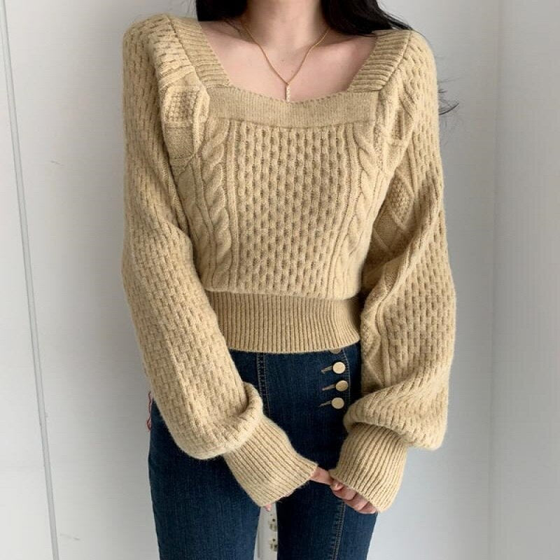 New Autumn Lazy Temperament Blouse Women's Square Collar Lantern Sleeve Twist Pullover Sweater Knit Bottoming Shirt  DF621