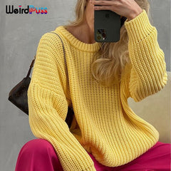 Weird Puss Knit Loose Soft Sweater Women Long Sleeve Sweatshirt Solid Wild Pullover Casual O-Neck Streetwear Autumn Trend Tops
