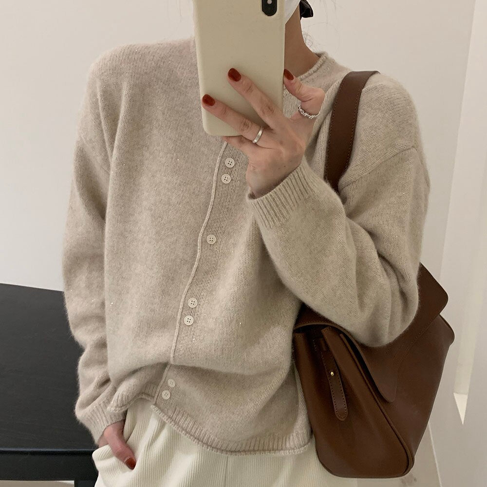 Women Knitting Sweater Round Neck Long Sleeve Korean Fashion Warm Autumn Winter Casual Simplicity Single Breasted