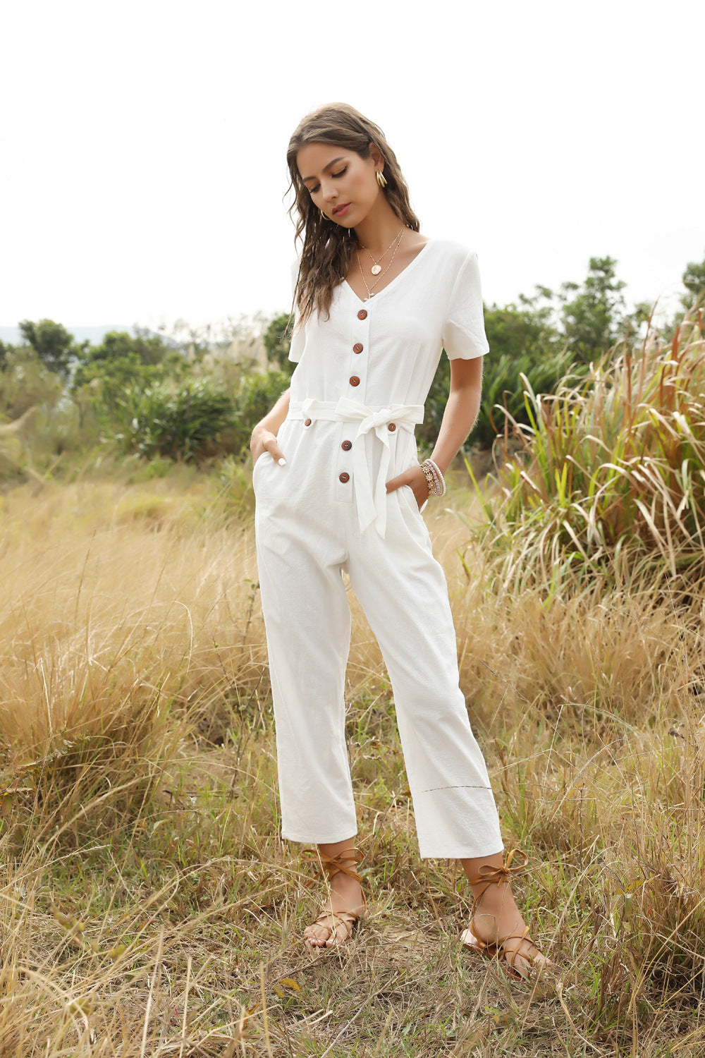 Summer Short Sleeve White Jumpsuit Women High Waist Lace Up Jumpsuit Romper Women Casual Overall Femme Wide Leg Pants