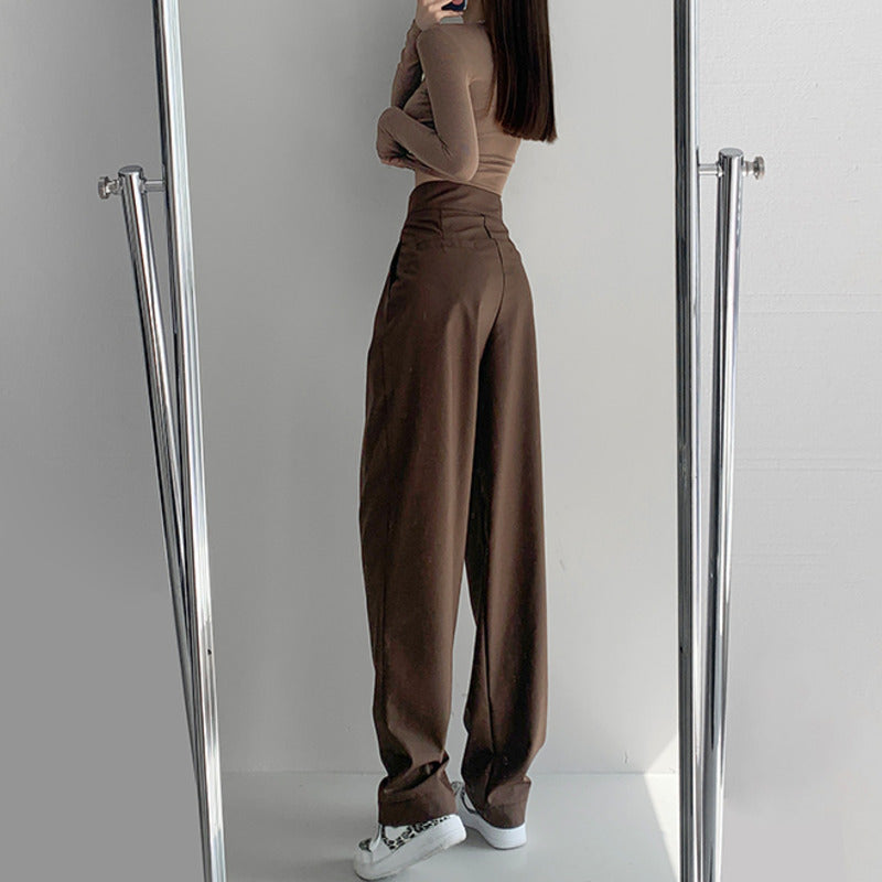 High Street Solid Color Pleated hook and loop fastener Suit Pants Autumn Korean Loose Casual Trousers Women Thin VEPH