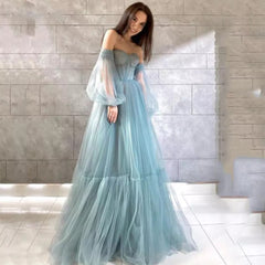 Elegant Dusty Blue Evening Dress Gown Off Shoulder Puff Prom Dresses Pleats V Neck Tulle Formal Party Gown Vestidos De Fiesta