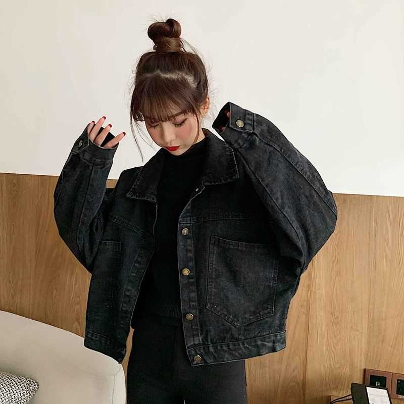 Black Denim Short Jackets Women Loose Single Breasted Button Pockets Korean Style Chic Retro Harajuku Casual Streetwear Womens