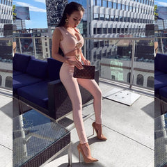 Hot Sale Women Summer Fashion Sexy V Neck Sequined Black Pink Two Piece Bandage Set 2021 Celebrity Designer Fashion Women's Set
