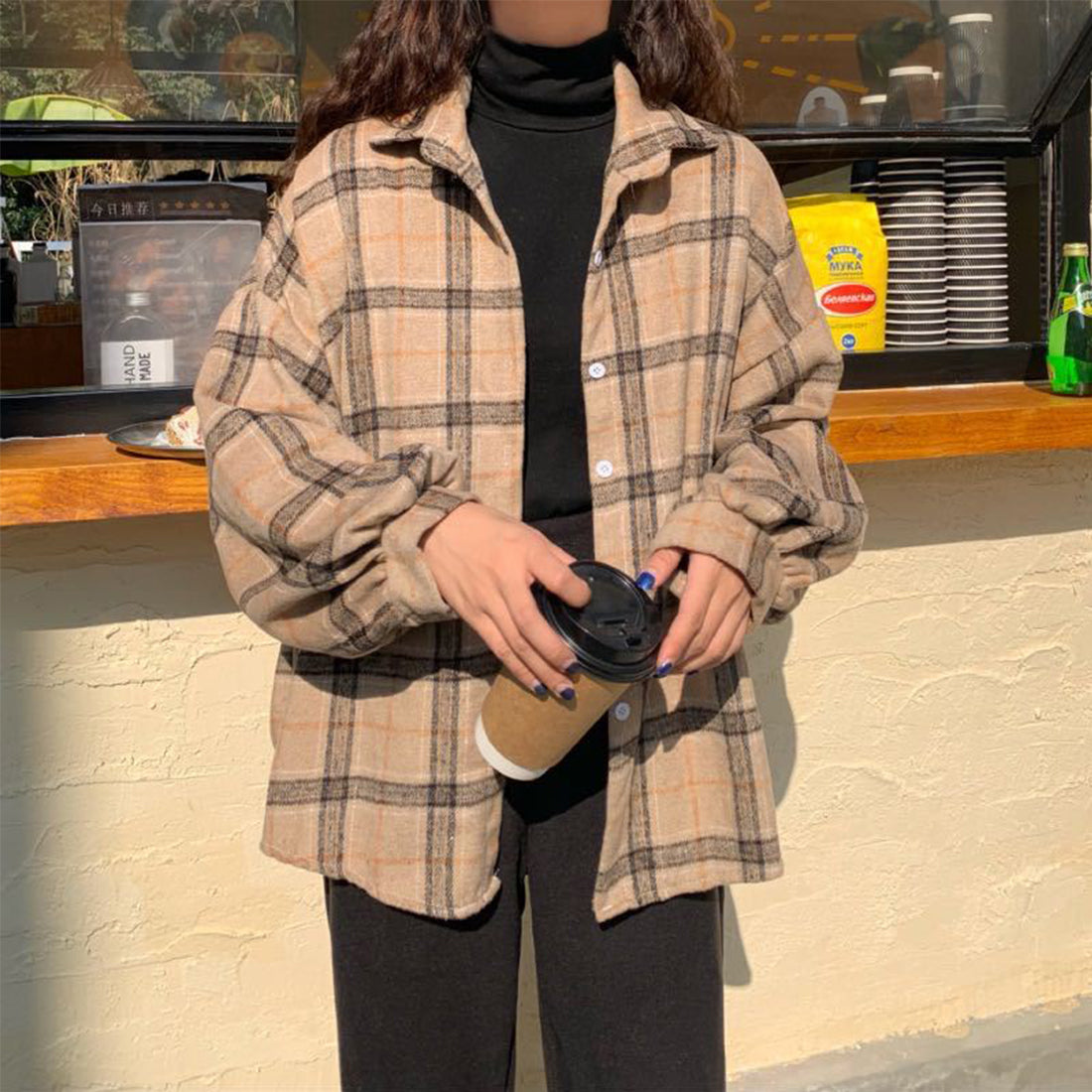 Women Vintage Warm Shirt Jacket Autumn Winter Plaid Long Shirt Jacekt Casual Loose Buttons Pockets Turn down Shirt Coat