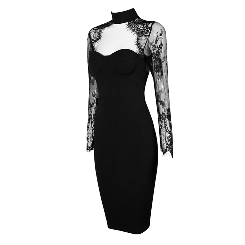 Lizakosht New Women's Bandage Dress Sexy V-Neck Lace Openwork Long-Sleeved Split Tight Dress Vestidos Sexy Embroidered Lace Bodycon Dress