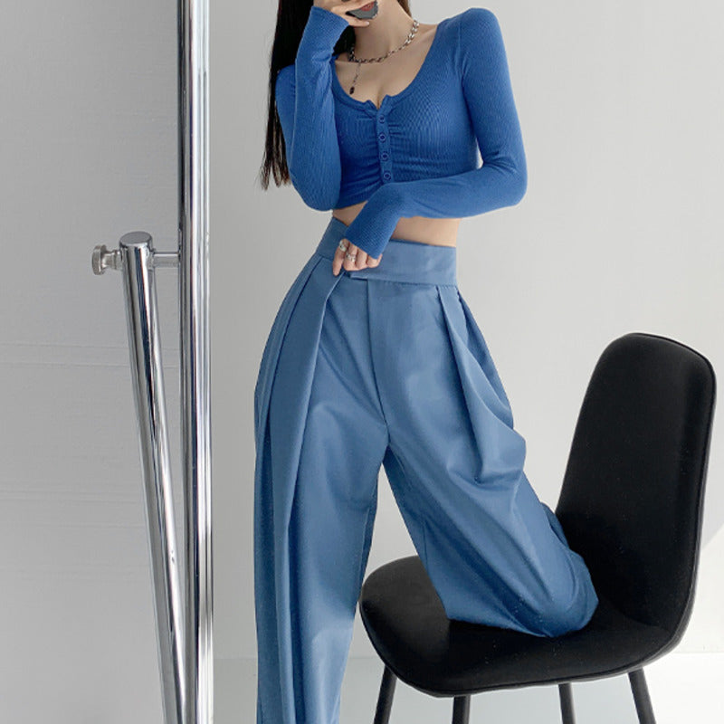 High Street Solid Color Pleated hook and loop fastener Suit Pants Autumn Korean Loose Casual Trousers Women Thin VEPH