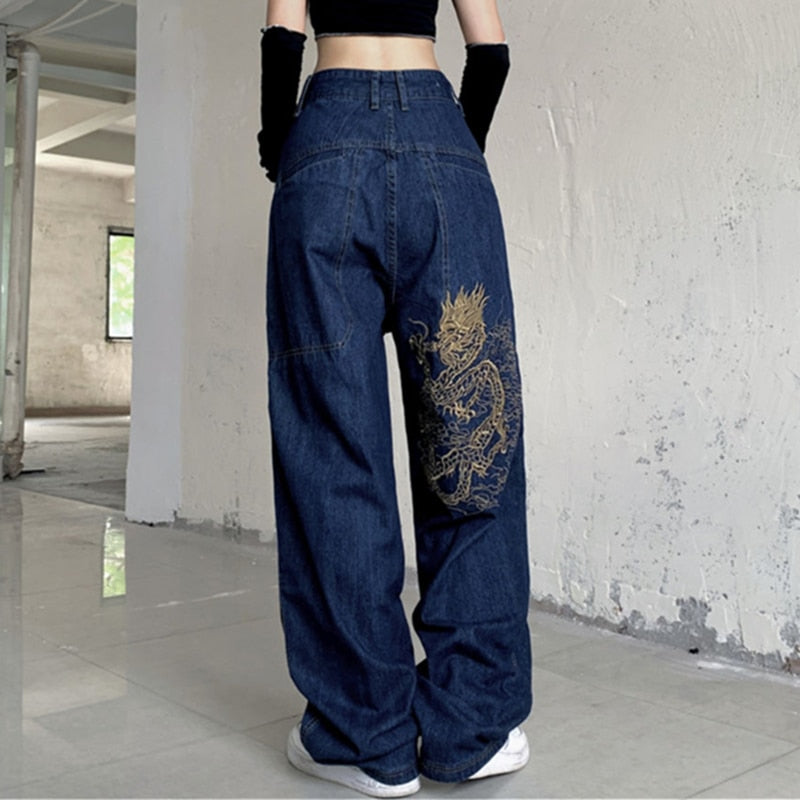 Lizakosht American retro street loose embroidered straight-leg jeans women  new casual all-match high-waist mopping wide-leg trousers