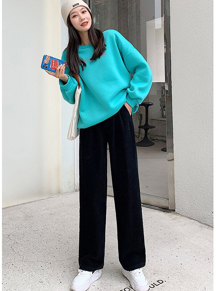 Lizakosht Spring Autumn Women Corduroy Pant Fashion High Waist Female Straight Pants Streetwear Casual Women Trousers Plus Size