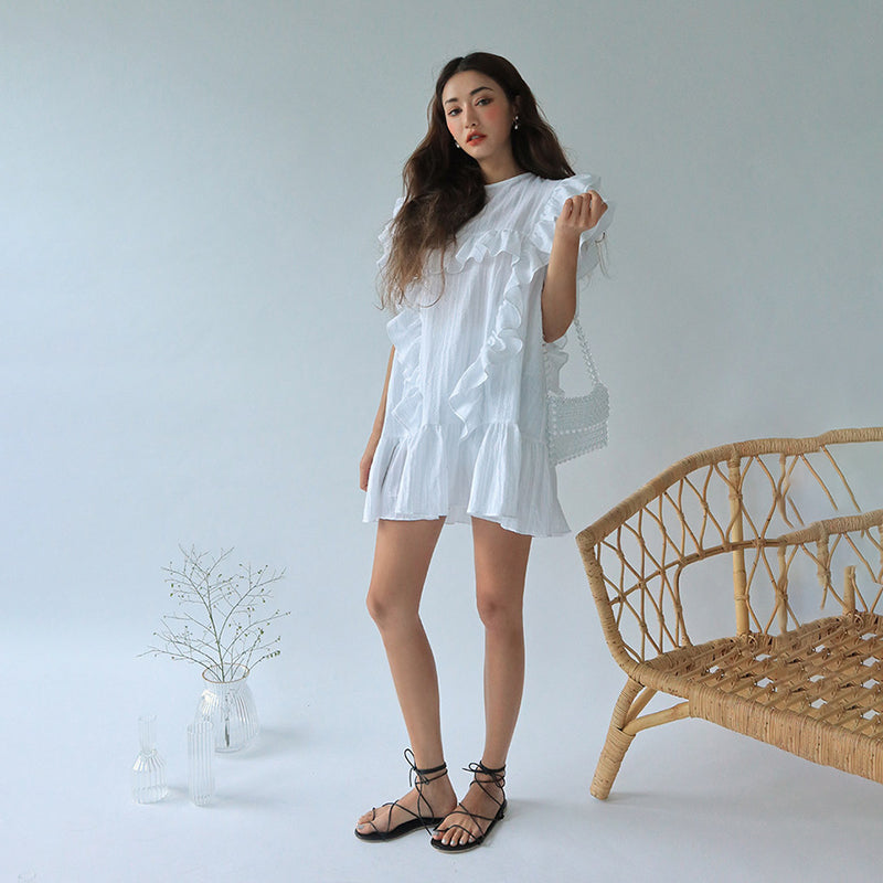 Ruffles Straight Dress Women Cotton Vintage Summer Party Dress Loose O-Neck Butterfly Sleeve Elegant Dress Cocktail Sexy Club