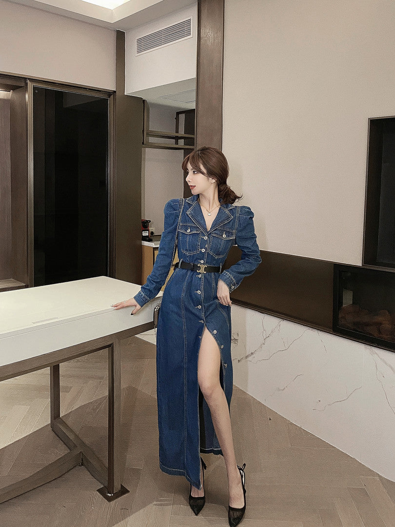 Autumn Denim Long Dress Women Casual Lapel Long Sleeve Long Cowboy Vestidos Korean Elegant Work OL Jean Dress Robe Femme