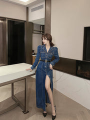 Autumn Denim Long Dress Women Casual Lapel Long Sleeve Long Cowboy Vestidos Korean Elegant Work OL Jean Dress Robe Femme