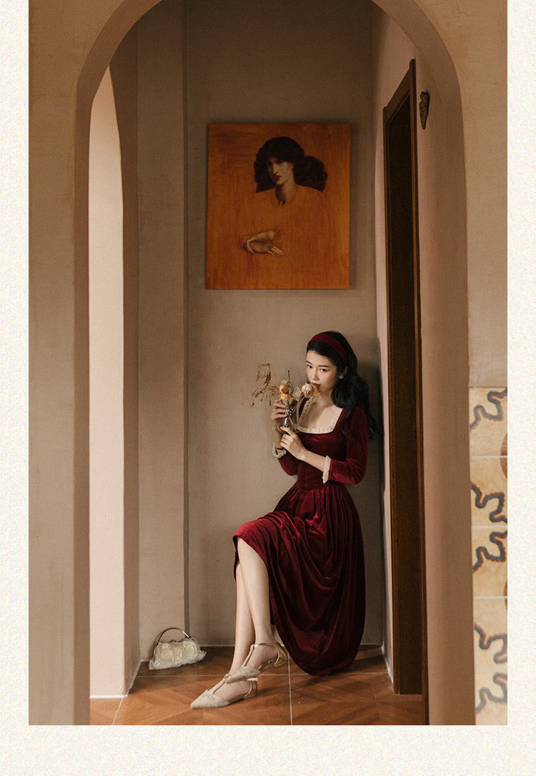Vintage Velvet Dress Woman Solid Claret & Purple Color Square Collar Ruffles Elegant Lady Dinner Dresses Retro Vestido Festa