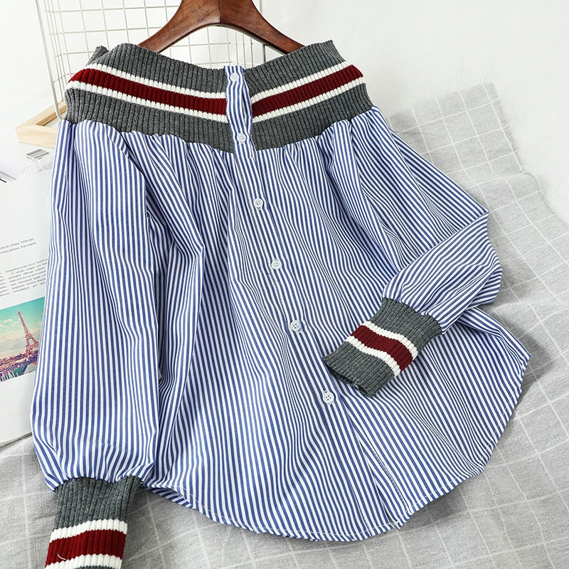 Spring Autumn Women's Patchwork Shirts Striped Navy Style Loose Retro Shirt Long Sleeve Lantern Sleeve Shirt Woman Tops PL116