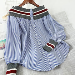 Spring Autumn Women's Patchwork Shirts Striped Navy Style Loose Retro Shirt Long Sleeve Lantern Sleeve Shirt Woman Tops PL116