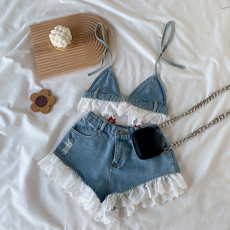 Lolita Girls Blue Denim Lace Two Piece Set Y2K Women Bustier Camis Crop Top High Waist Shorts Outfits Sexy Femenino 2 Piece Set