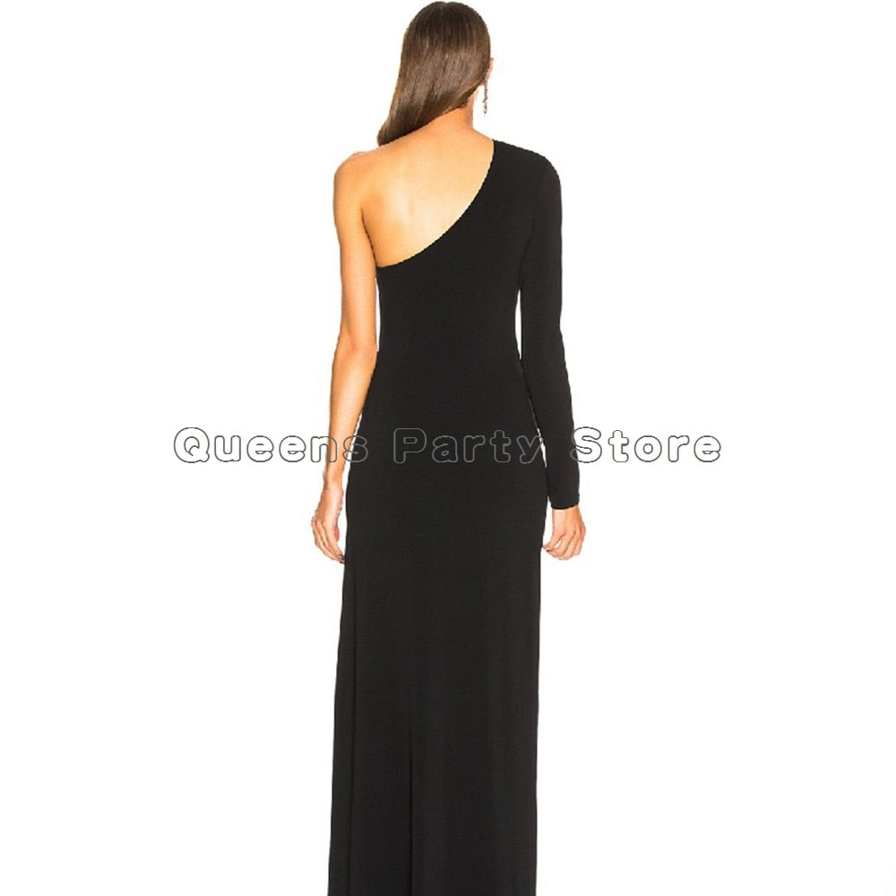 Sexy Black Evening Dress Promdress One Shoulder Long Sleeve Simple Black Long Prom Dresses Side Slit Party Gowns