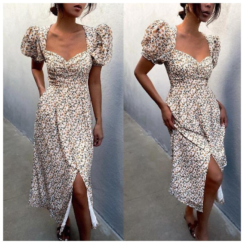 Summer Dress For Women 2022 Puff Sleeve Midi Dress Vintage Square Neck Floral Print Split Sundress Holiday Casual Dresses Women