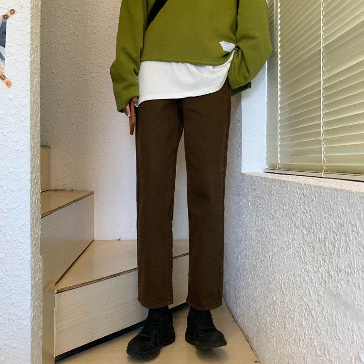 Autumn New Brown Straight Denim Vintage Slender Office Lady Jeans Women Trousers High Waist Large Size Pants Female KZ703