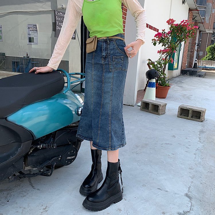 Lizakosht  Vintage Washed Jean Skirts Women High Waist Stretch Slit Ruffle Trumpet Female 2022 New Sexy Fitness Tight Skirt
