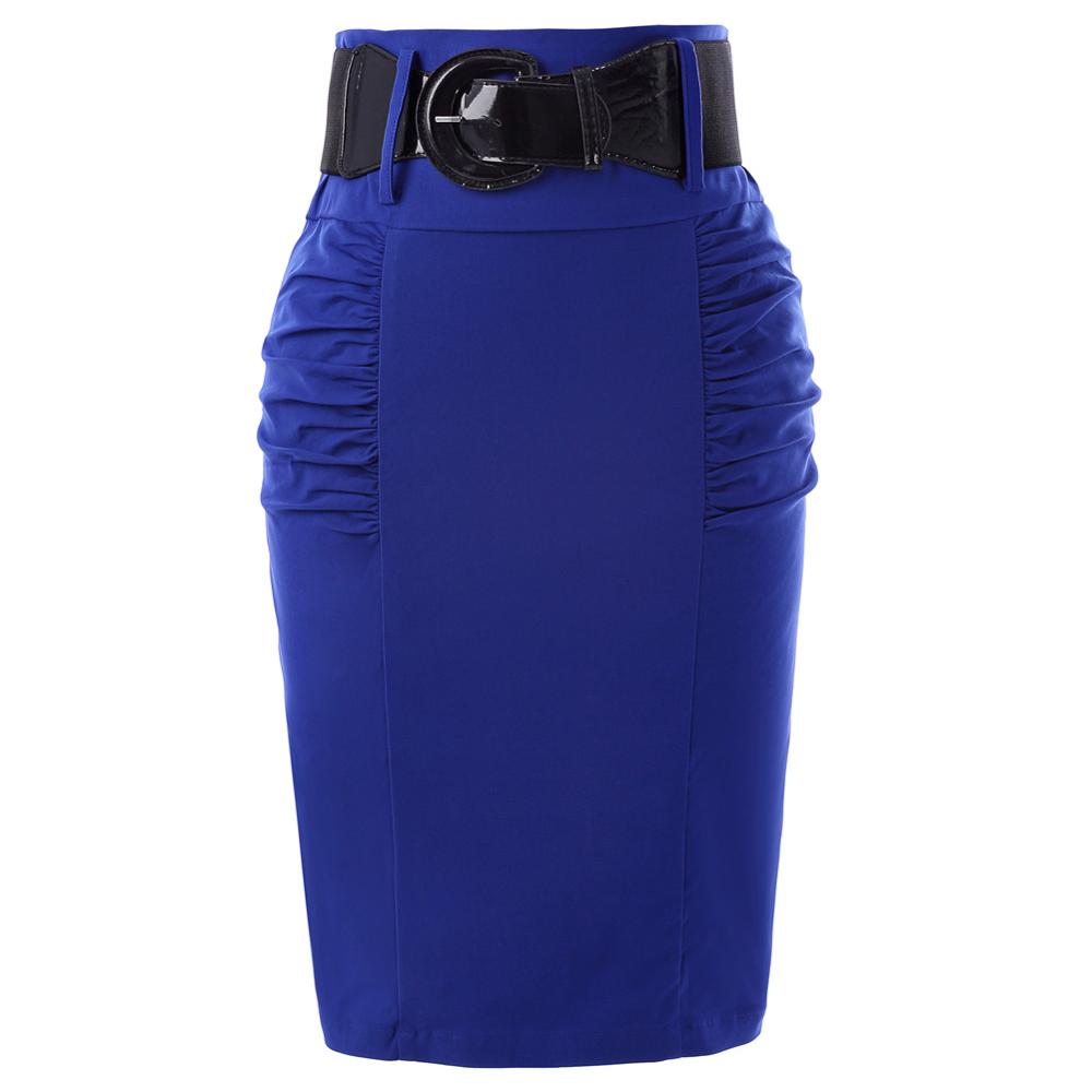 KK Women Shirred Detail ladies skirts pure color pleated design elegant  High Stretch knee Pencil Skirt with Wide Belt falda
