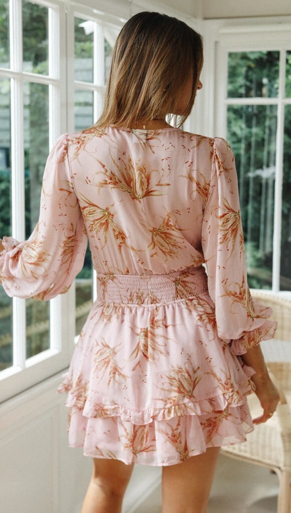 Lizakosht Bohemia floral print dress women Mini long sleeve V neck dresses Lantern Sleeve autumn chiffon vestidos Ladies clothing