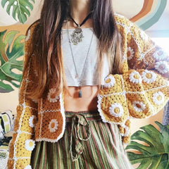 Foridol Sunflower Crochet Yellow Knitted Sweater Cardigans Women Spring Autumn Casual Hollow Out Short Cardigan Harajuku