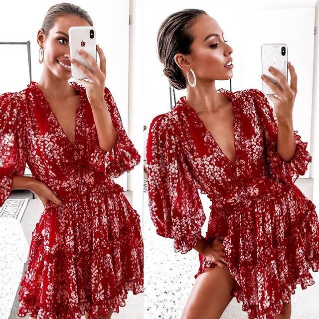 Vintage Mini Dress Ladies 2022  Party Dress Floral Print Ruffle Boho Dress Women Backless V-Neck Sexy Dress Women