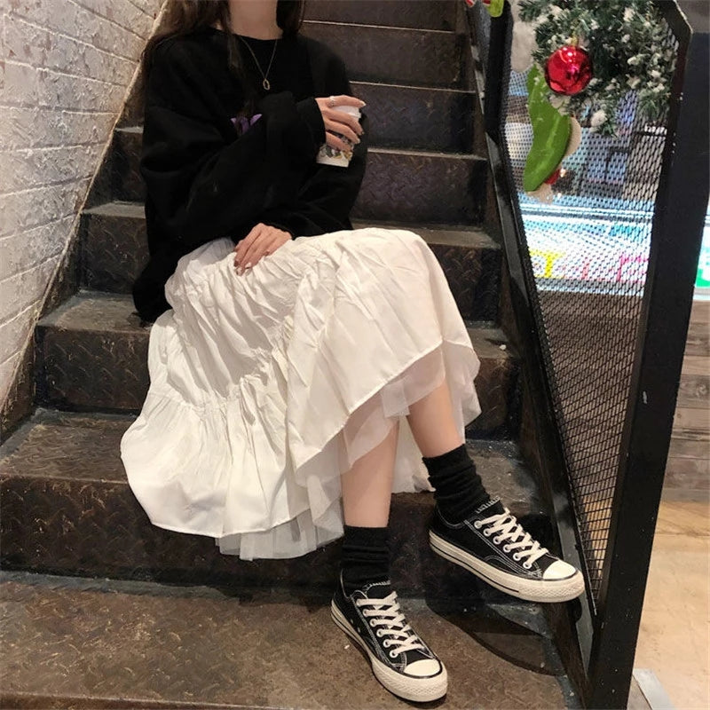 Long Tulle Midi Skirts Womens 2021 Autumn Elastic High Waist Mesh Tutu Pleated Skirts Female Black White Long Skirt Streetwear