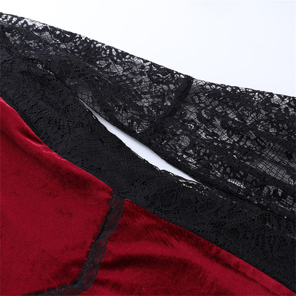 Gothic Dark Mesh Midi Dress Women Victorian Costume Velvet Robe Renaissance Witch Medieval Dresses Cosplay Wizard Halloween Y2k