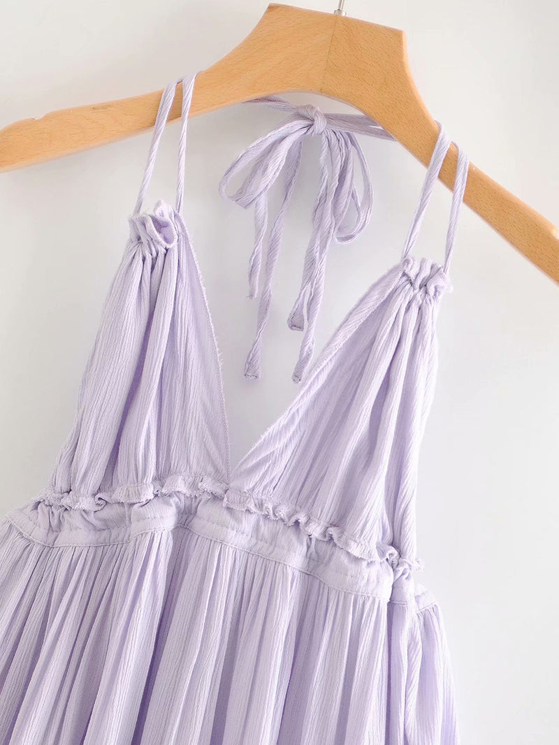 Lizakosht-Sexy Backless Lace Spliced Dress Summer Halter V-neck Mini Dresses Woman Dress Elegant Evening
