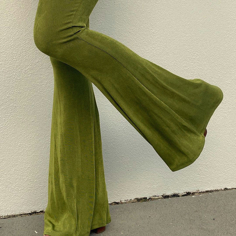 Lizakosht Retro High Waist Flare Pants Women's Fashion Streetwear Women's Skinny Slim Pants Green Shiny Tights New