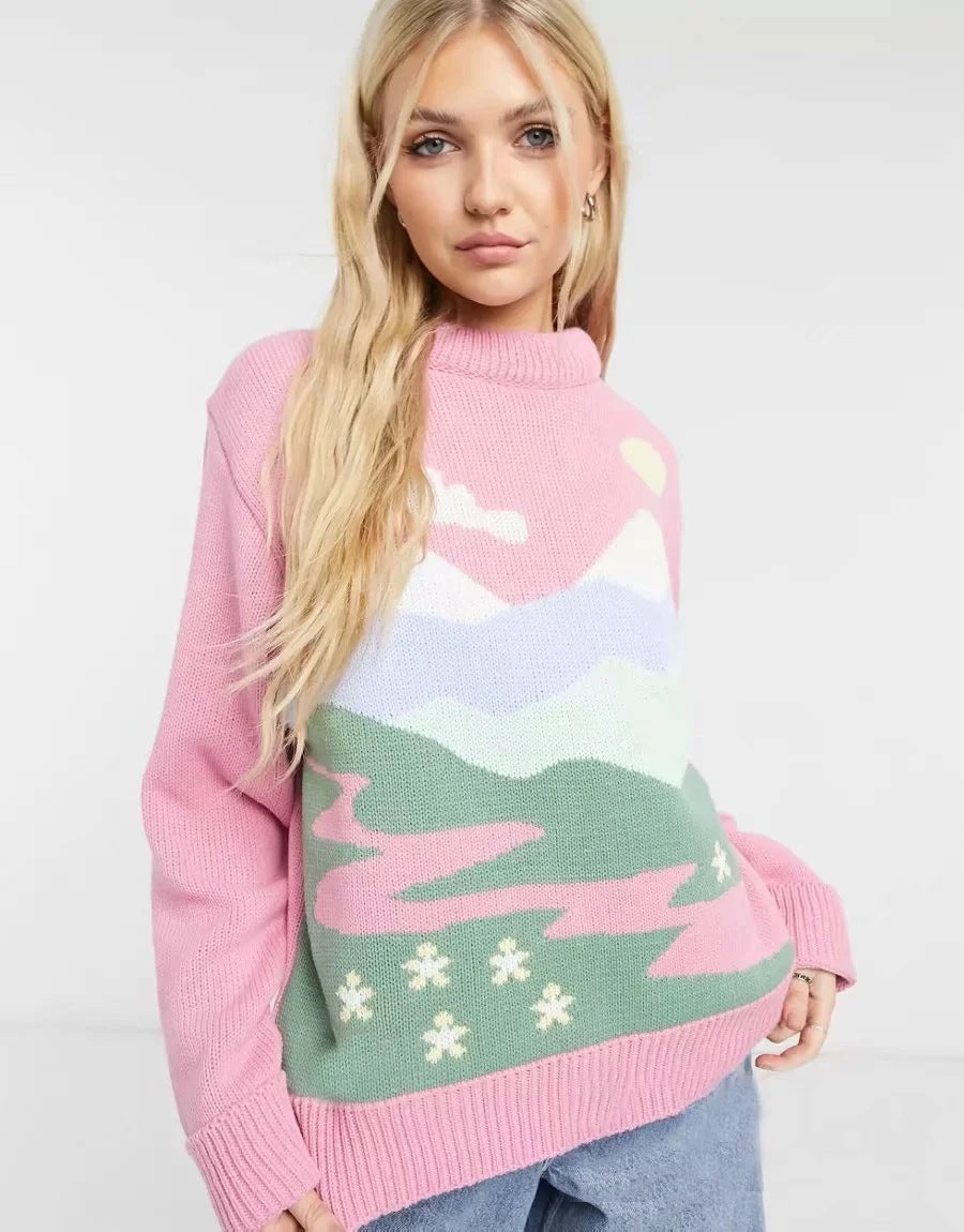 Warm Y2K fall/winter pullover sweater new pink cute loose wild pullover round neck pink sweater