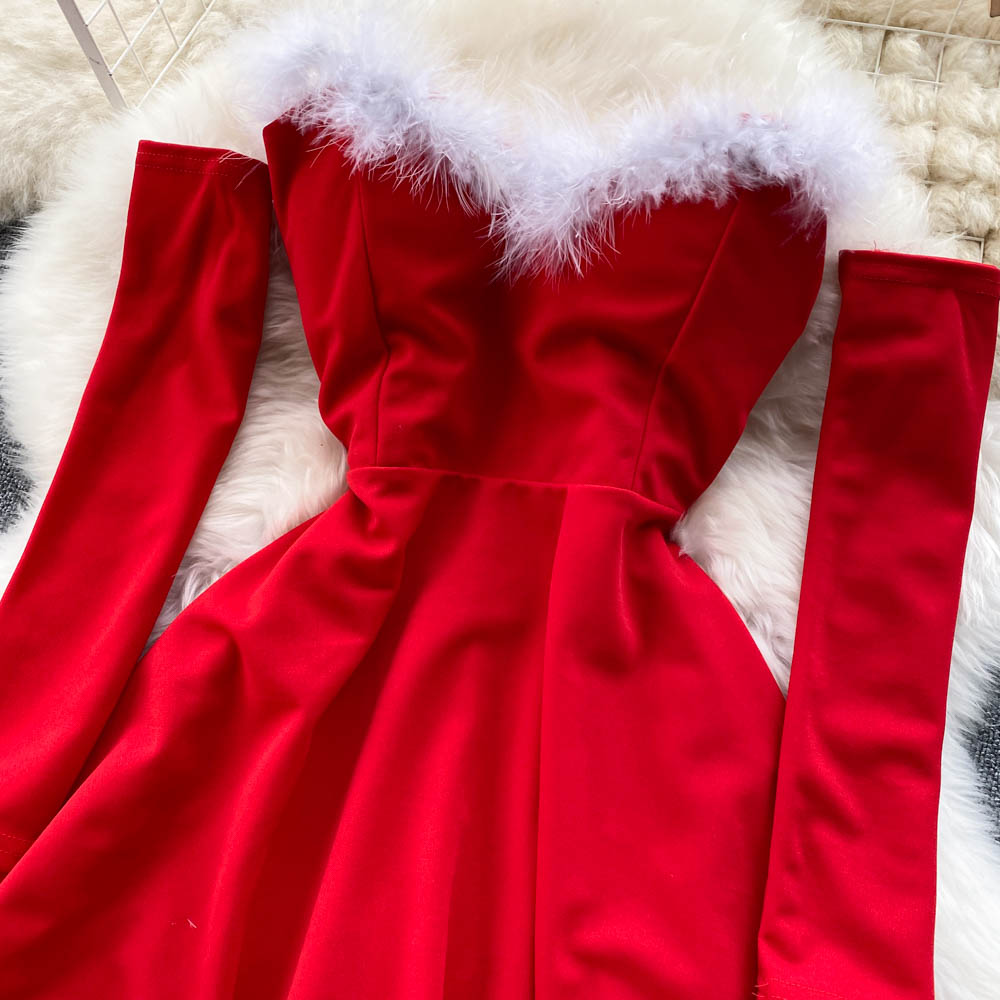 Women Elegant Dress For New Year 2022 Strapless Backless Furry Sexy Short Mini Christmas Dress Navidad Red Party Dress Femme