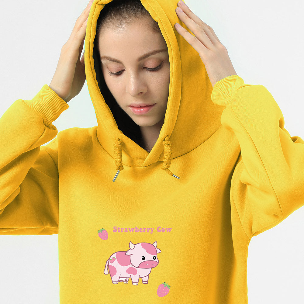 Cow Print Kawaii Hoodie Strawberry Casual Pullover Oversized Sweatshirt Aesthetic Clothes for Women Funny Hoodies Sudadera Mujer