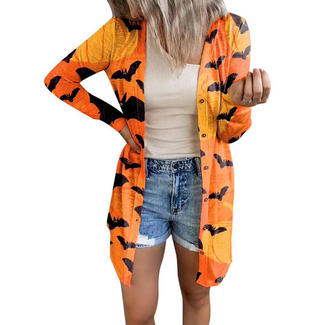Halloween Cardigan Coats Women  Ghost bat Pumpkin Black Cat Printing Clothes Plus Size Autumn Winter Long Cardigans Tops Jacket