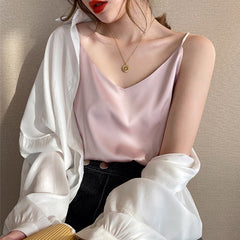 Korean Silk Women Tops Camis Woman Satin Tank Top Fashion Lady V-Neck Camis Women Sleeveless White Tops Sexy Halter Top XXXL