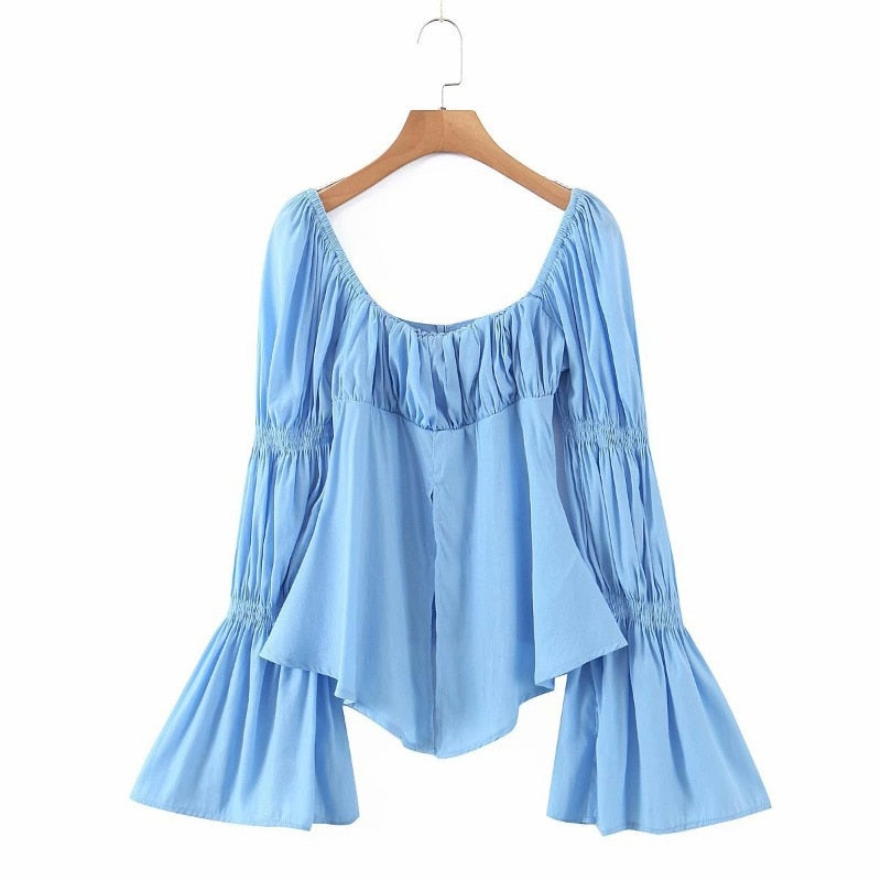 Lizakosht Trumpet sleeve elegant fashion design shirt women summer hedging long sleeve square collar slim blouse