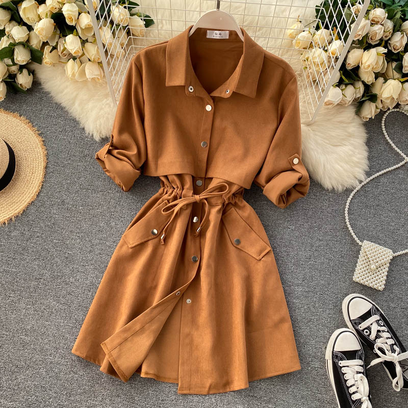 New Women Short Dress Spring Autumn Turn Down Collar Single-breasted Casual Dresses Ladies Shirts Dress