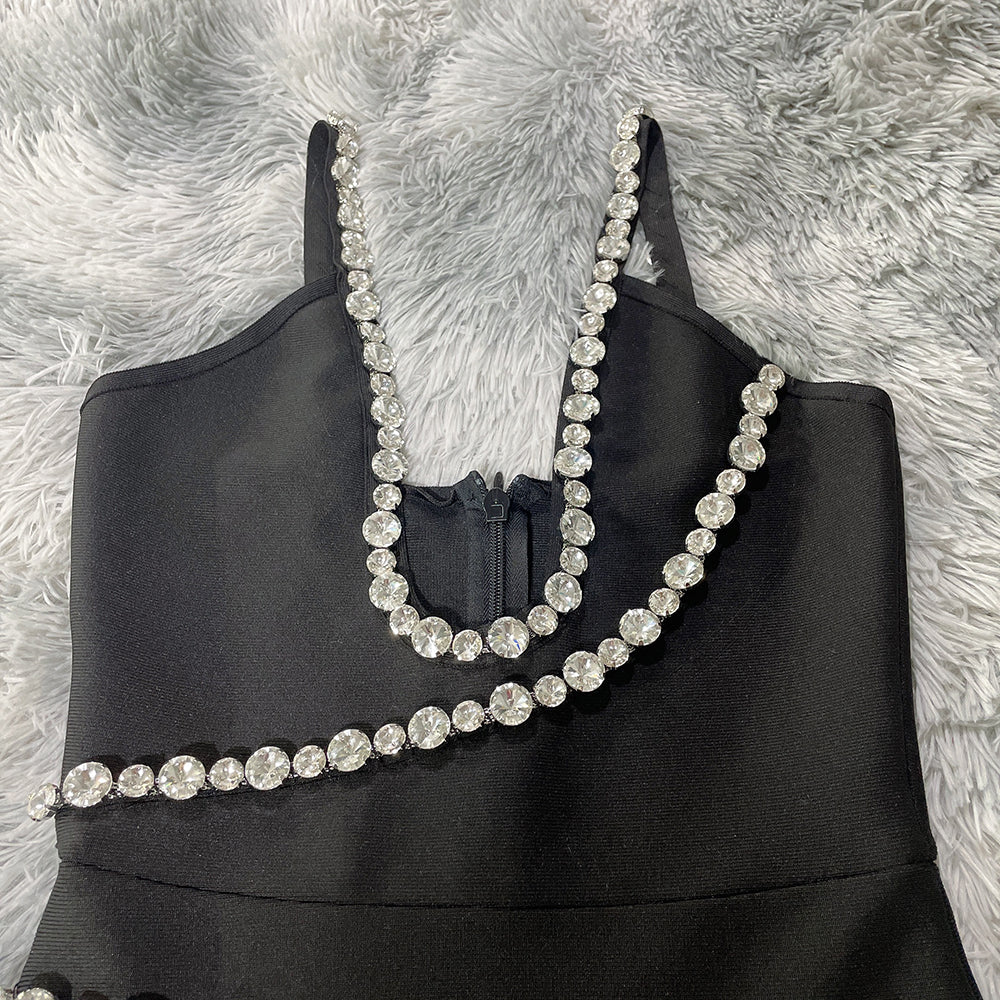 Lizakosht  2022 Ladies Spaghetti Straps V-neck Sexy Tight Bandage Dress Crystal Diamond Design Celebrity Runway Party Club Dress
