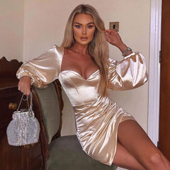 Lizakosht Sleeveless Satin High Split Sling Dress Spaghetti Straps Midi Dress O-Neck Sexy Elegant Women Party Dresses Backless Vestidos