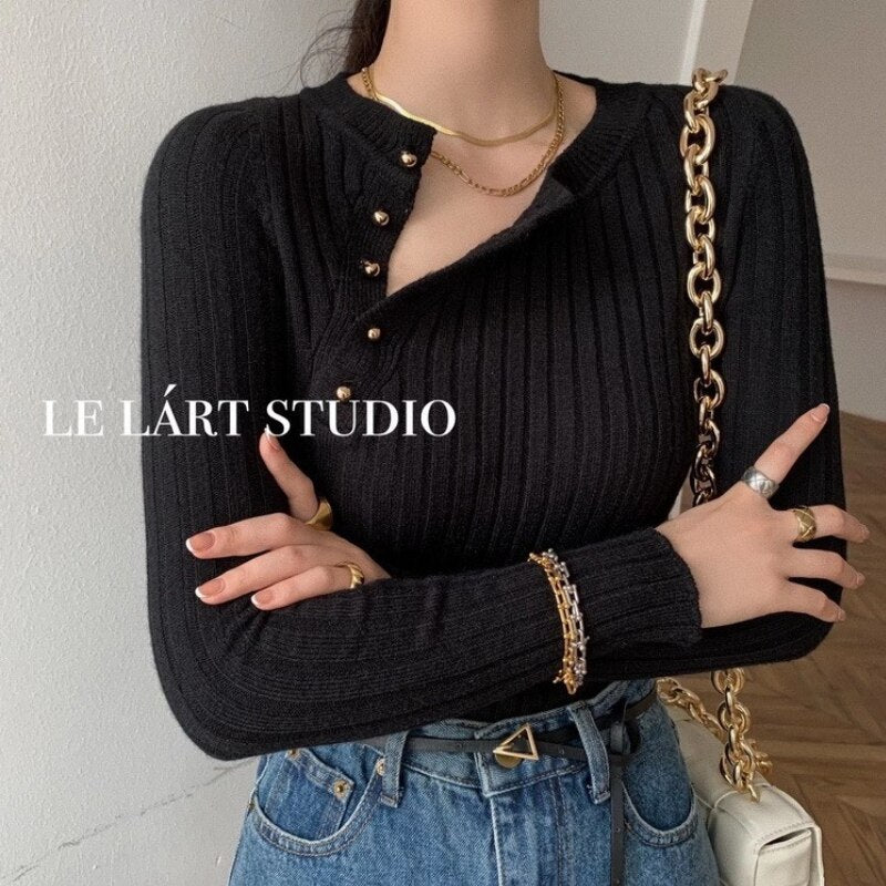 Autumn Elegant Women's Diagonal-Breasted Pullover Sweater Slim Long-Sleeved Knitted Top Ladies Bottoming Shirt