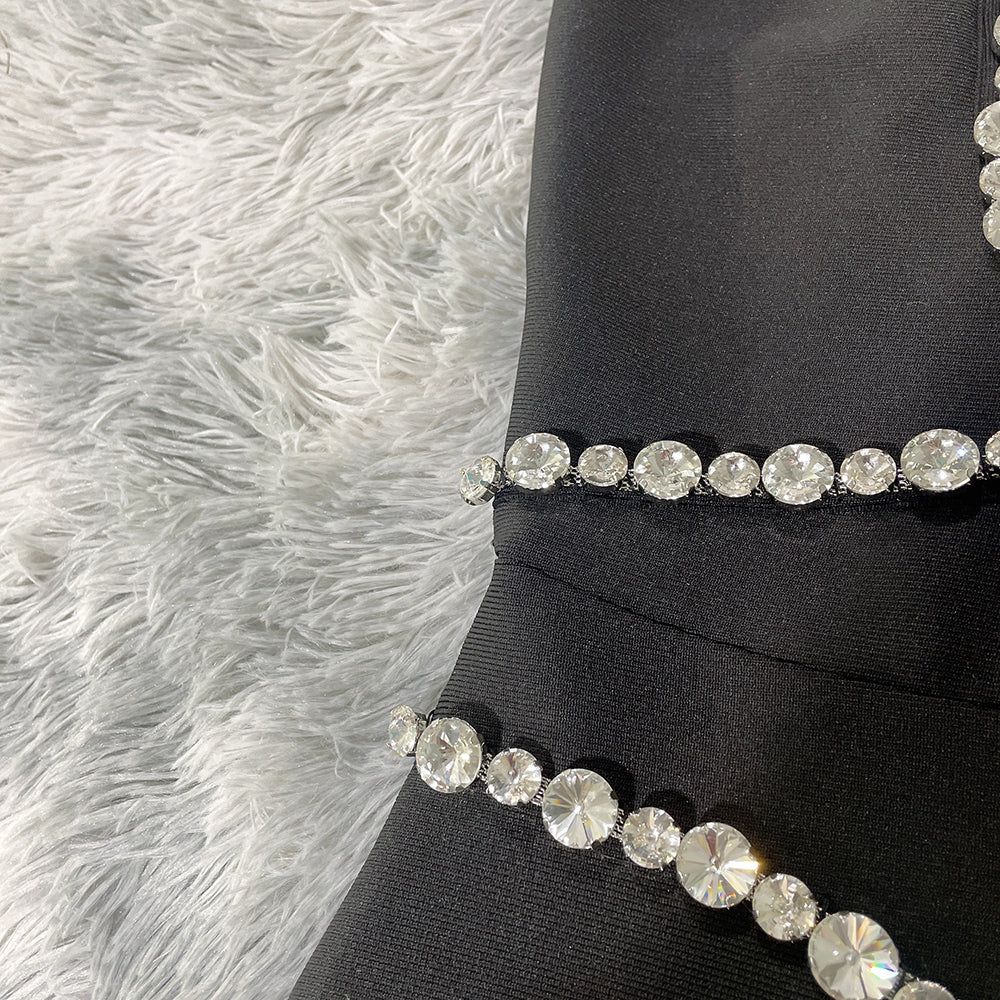 Lizakosht  2022 Ladies Spaghetti Straps V-neck Sexy Tight Bandage Dress Crystal Diamond Design Celebrity Runway Party Club Dress