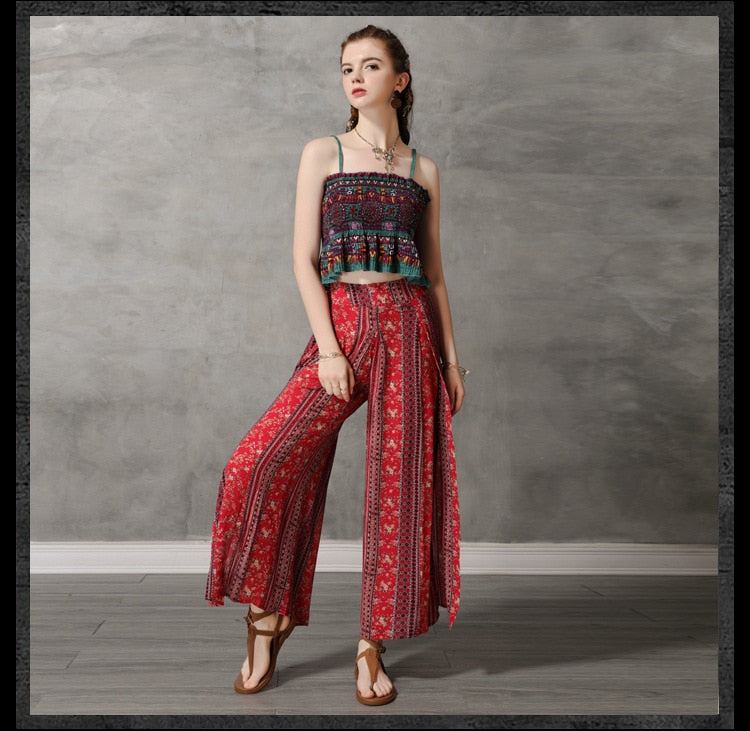 Summer Beach Fashion Bohemian Printed Wide Leg Pants Women Casual Cotton Linen Bottoms Thailand India Retro Split Loose Trousers