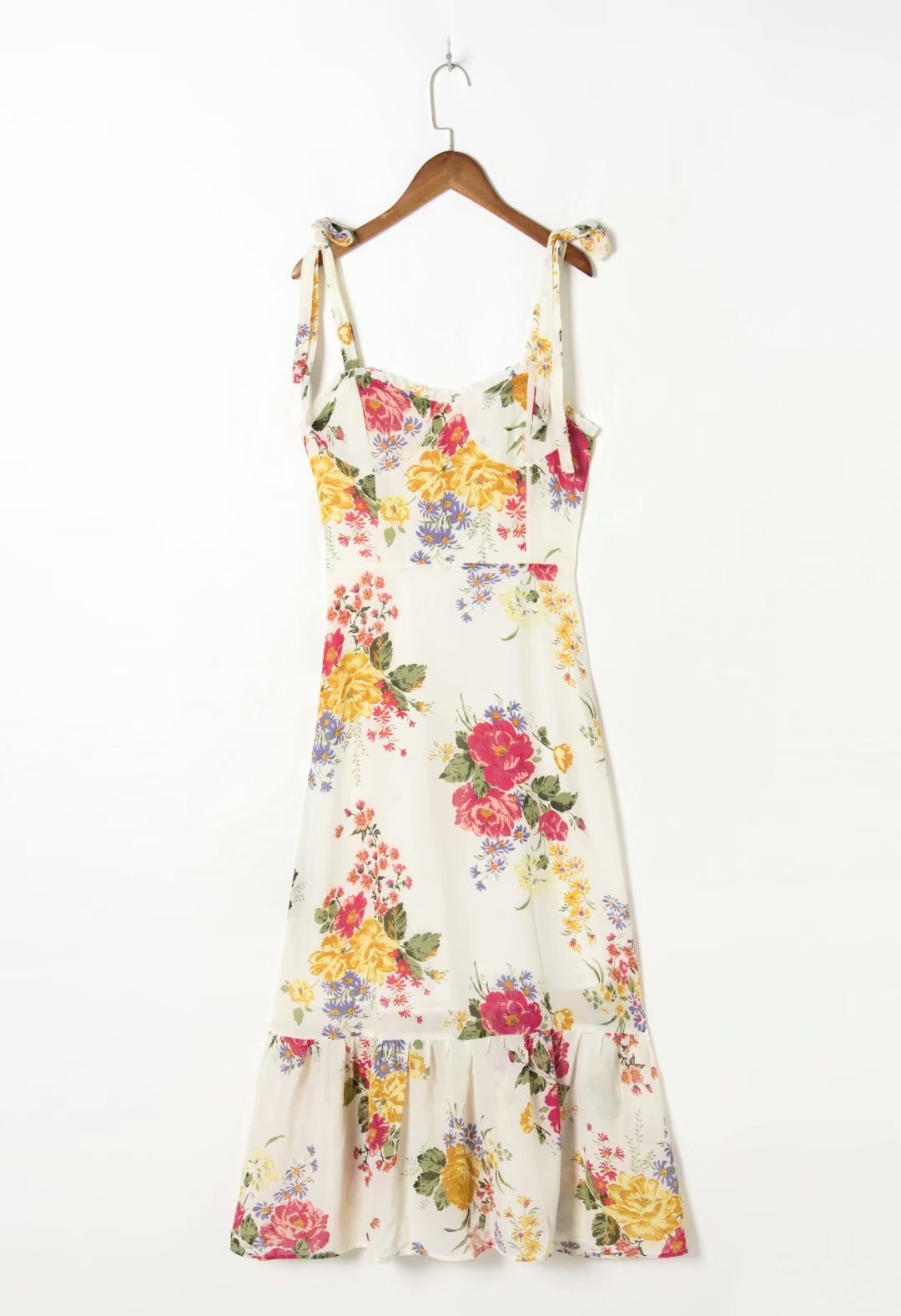 Bella 2022 new Elastic Summer Dress Vintage Floral Print Dress Woman Sexy Spaghetti Strap Tie Chiffon Elegant Ruffle Midi Dress