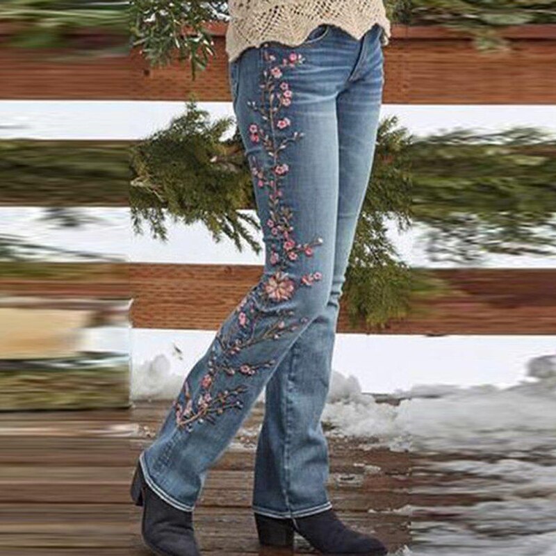 New Fashion Plus Size Straight Mid Waist Women Jeans Vintage Jeans Women Flower Embroidery Pants Straight Stretch Jeans S-XXXL
