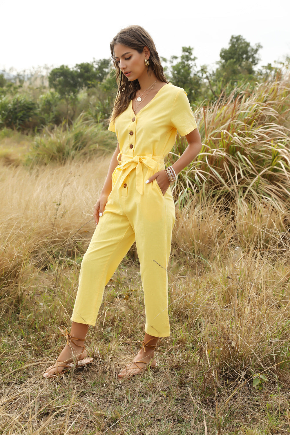 Summer Short Sleeve White Jumpsuit Women High Waist Lace Up Jumpsuit Romper Women Casual Overall Femme Wide Leg Pants