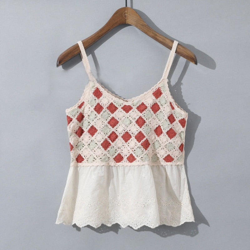 Lizakosht Patchwork Cropped Top Women Clothing Knitted Hollow Out Camisole Female Clothes Backless Lace Tops Ladies Tank-top Summer