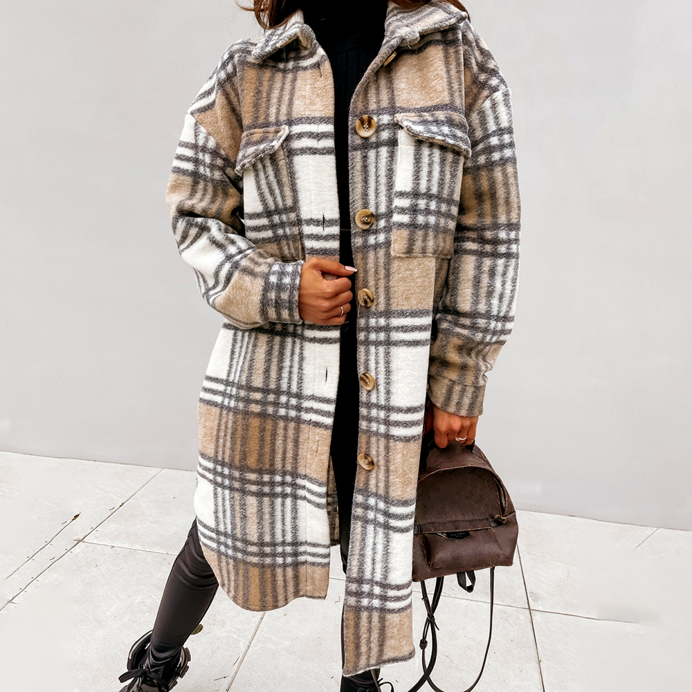 Women Vintage Warm Shirt Jacket Autumn Winter Plaid Long Shirt Jacekt Casual Loose Buttons Pockets Turn down Shirt Coat